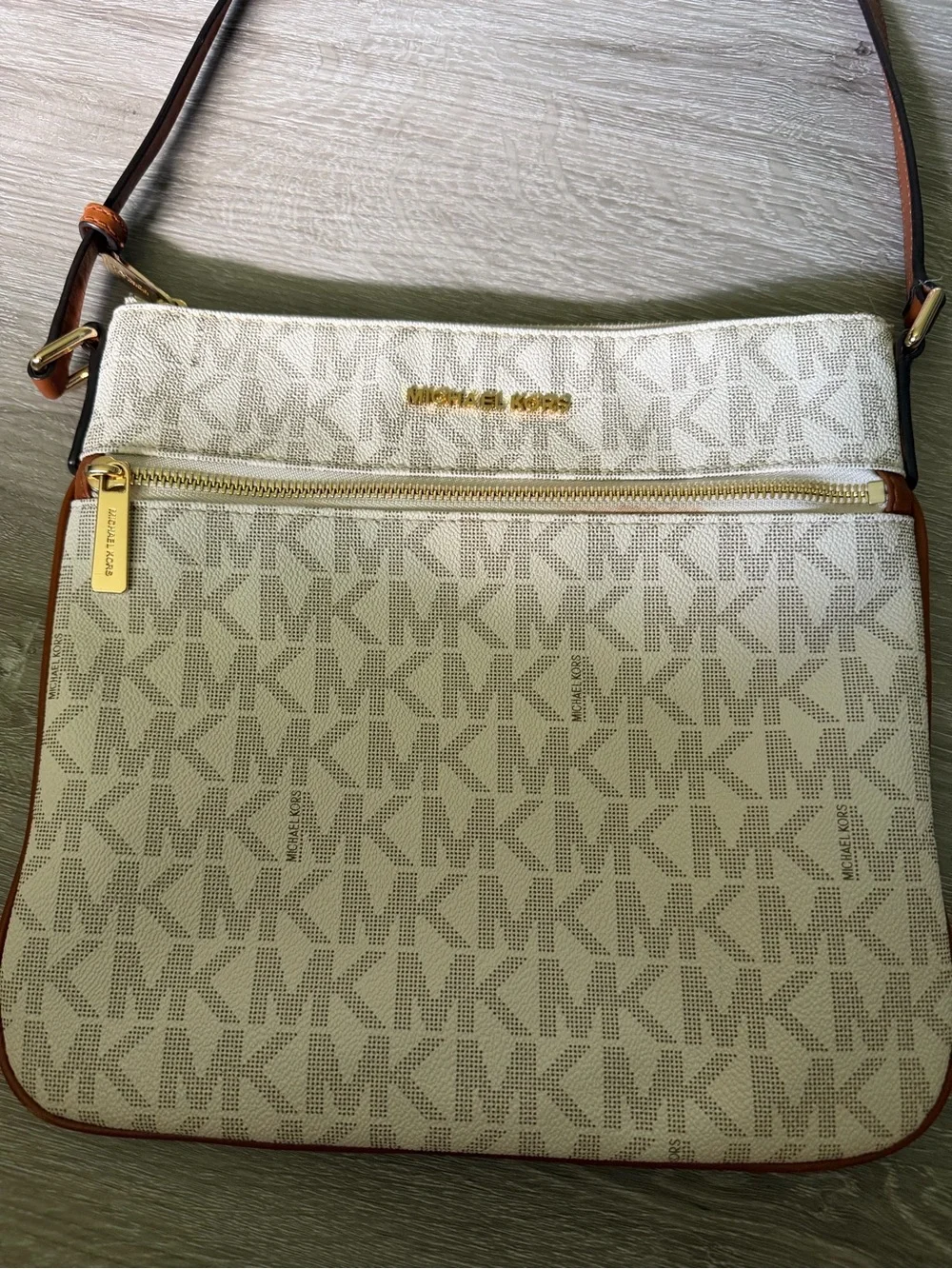 Michael Kors Cream and Brown MK Logo Crossbody Shoulder Bag